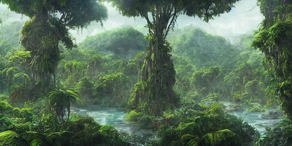 Image similar to view of a jungle planet with lush vegetation and rivers and a human colony, sci-fi, concept art, digital painting, still, highly detailed, intricate details, landscape