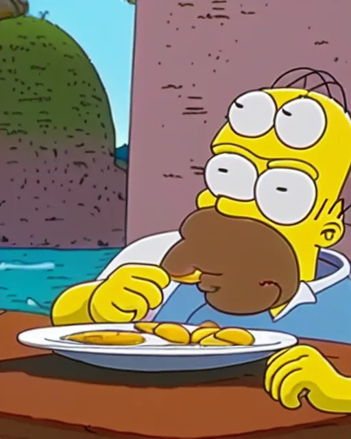 Image similar to film still close - up shot of homer simpson eating eggs on the beach from the tv show rick & morty. photographic, photography