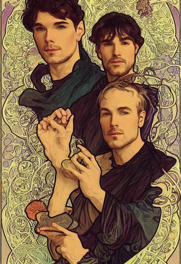 Prompt: realistic ian goodfellow on a tarot card, tarot in art style by alphonse mucha