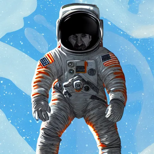 Prompt: astronaut in orange polar exploration suit kneeling down in snow behind a single small alien looking plant, concept art, painterly, artstation