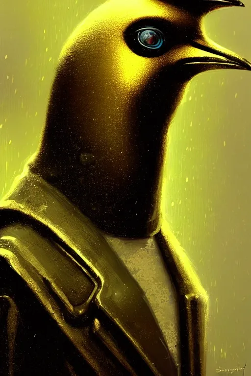 Image similar to A solarpunk very highly detailed Anthropomorphic cybertronic penguin with very highly detailed face on the street of a very highly detailed solarpunk sci-fi city digital rational painting art by Greg Rutkowski, sci-fi highly detailed, digital concept art, Volumetric cyan and gold natural light, sharp focus, Golden Ratio illustration, realistic concept art by Stephen Hickman and James Gurney and Hiromasa Ogura Ghost in the Shell rendered in VRAY, From the distance