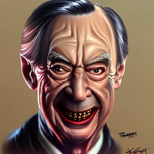 Image similar to hyper realistic portrait painting of evil mr. rogers as freddy krueger, painted by greg rutkowski, wlop, artgerm