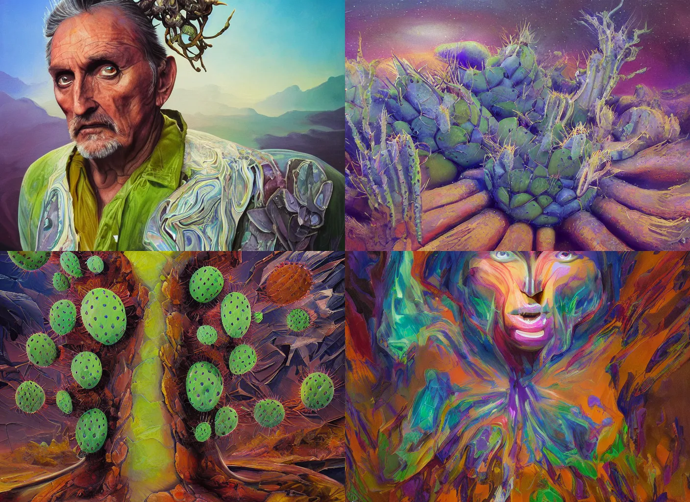 Prompt: dennis hopper portrait, peyote cactus desert, oil painting of gloomy abstract surrealist forms by yvonne mcgillivray by mandy jurgens by michael divine, powerful eyes glowing highly detailed painting of gloomy, spiritual abstract forms, symmetrical, trending on artstation, abstract emotional rage expression, fantasy digital art, highly detailed patterned visionary art, by michael divine, cosmic nebula