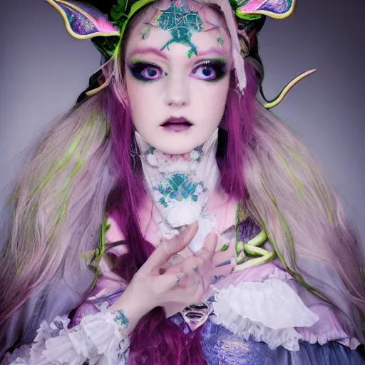 Prompt: Ethereal, mysterious stunning maximalist mesmerizing elven girl with elf ears from the rainbow sky paradise, high-tech, professional high fashion model photo shoot for Victorian gothic lolita fashion, hyperdetailed by Mark Ryden and artgerm and Hiroyuki-Mitsume Takahashi, close-up 35mm macro shot, hyperrealism, 8k resolution 3D, cinematic, dynamic lighting, octane render, unreal engine 5