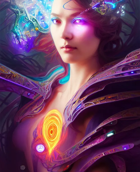 Image similar to a whirlwind of souls rushing inside the metaverse, half body, glowin eyes, tiara with sapphire, insect, android, cyberpunk, d & d, fantasy, intricate, elegant, highly detailed, colorful, vivid color, digital painting, artstation, concept art, art by artgerm and greg rutkowski and alphonse mucha and ruan jia