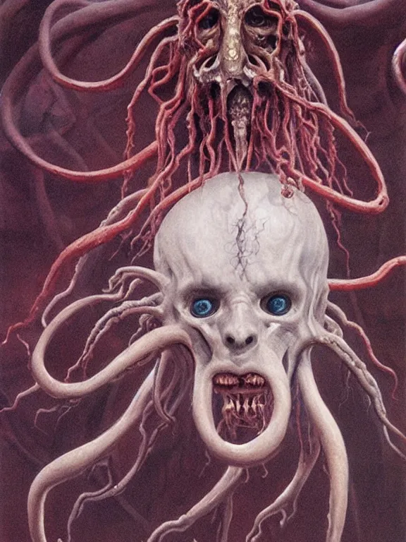 Image similar to painting by wayne barlowe of a flying sorrowful looking severed human head with tears running down it's eyes, face that is chalk white in color, with long sprawling white tentacles stemming down it's neck, fiery scorching red eyes, flying in a terrying hellish dark cavernous place