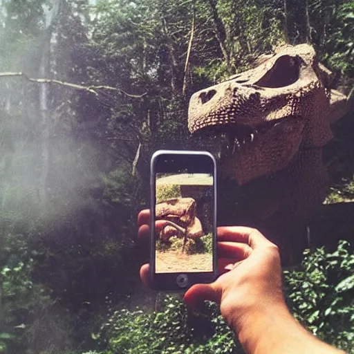 Image similar to “ a primitive pre-human woman Neanderthal shooting a photo with an iPhone to a roasted dynosaur way, anthropology photography, color kodakcrhome 64,National Geographic ”