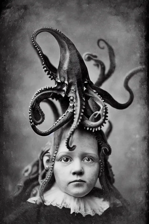 Prompt: wet plate photograph portrait of victorian octopus child with an octopus head, dressed in a victorian - era clothing, entire head is an octopus, dramatic lighting, highly detailed, smooth, sharp focus