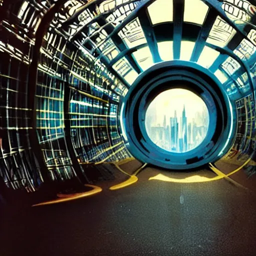 Image similar to centered circular derelict portal in a middle of a futuristic cityscape located under a bridgeway, world seen only through a portal, daylight, cinematic perspective, cinematic lighting, blue sky, syd mead, john harris, symmetrical