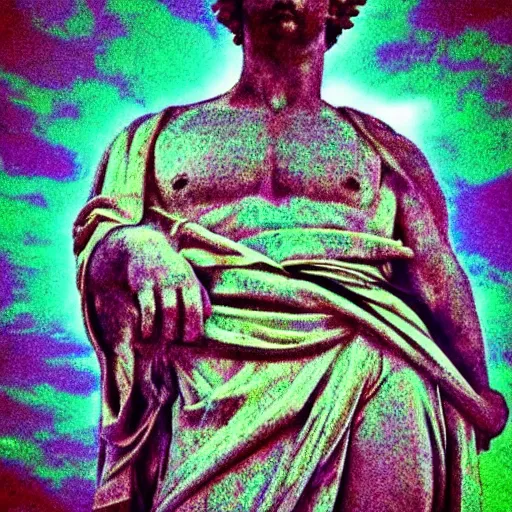 Image similar to greek statue dabbing, 9 0 s style psychadelic background, grainy artifacts