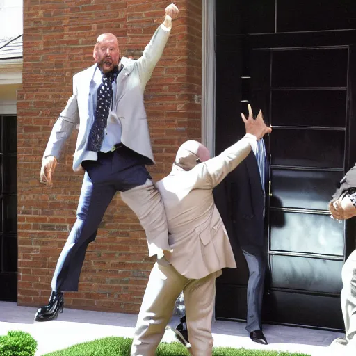 Prompt: WWE's Triple H, throwing Vince McMahon out through the front door of a large white mansion, just like Uncle Phil throwing DJ Jazzy Jeff from Fresh Prince of Bel-air, posterized, hyper realistic,