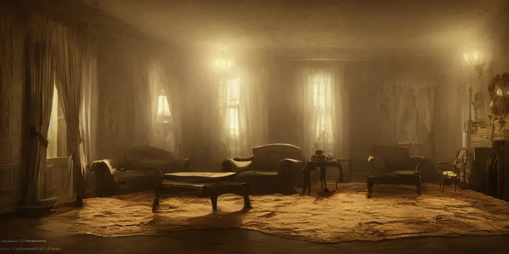Prompt: hyper realist matte digital painting of a haunted living room at night, fantasy art, photo realistic, dynamic lighting, artstation, volumetric lighting