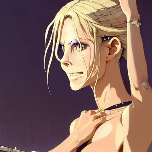 Prompt: a film still portrait of heidi klum, finely detailed features, perfect art, at an ancient city, gapmoe yandere grimdark, trending on pixiv fanbox, painted by greg rutkowski makoto shinkai takashi takeuchi studio ghibli, akihiko yoshida