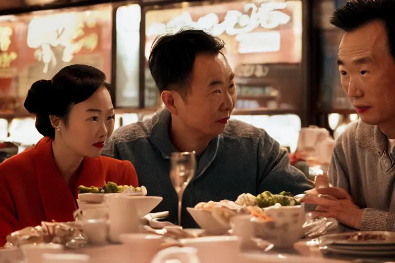 Image similar to movie interior closeup beautiful Chinese couple closeup sitting and talking at 50s diner, night in the city, beautiful skin, by Emmanuel Lubezki