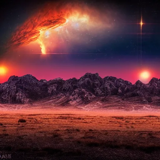 Image similar to A sunset on a distant planet with 5 suns, large mountains in the background, nebula in the sky, award-winning photograph, 8k