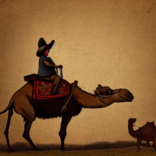 Prompt: A mouse riding a camel to a pub in Victorian England, digital art