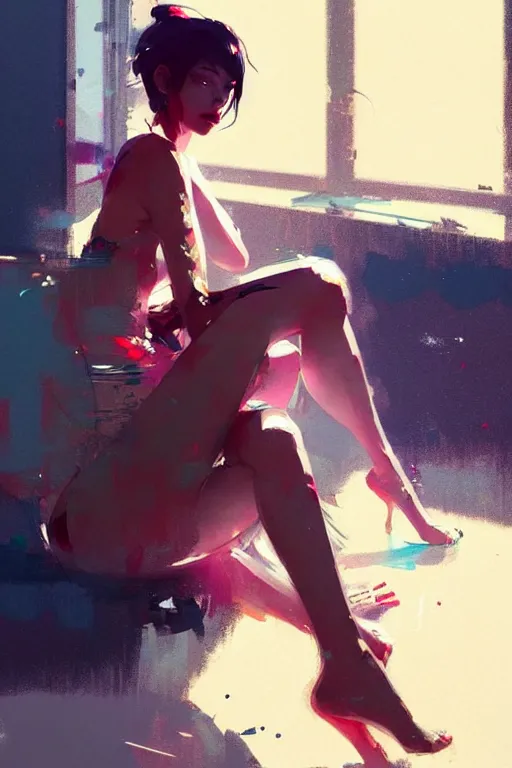 Prompt: a ultradetailed beautiful panting of a stylish woman sitting in a messy apartment, by greg rutkowski, conrad roset and makoto shinkai, trending on artstation