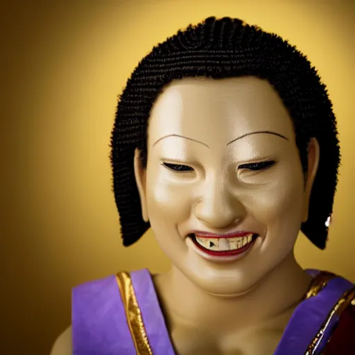 Prompt: studio portrait photo of the buddha, as a real human woman, studio lighting, smiling, mid-shot, portrait photography