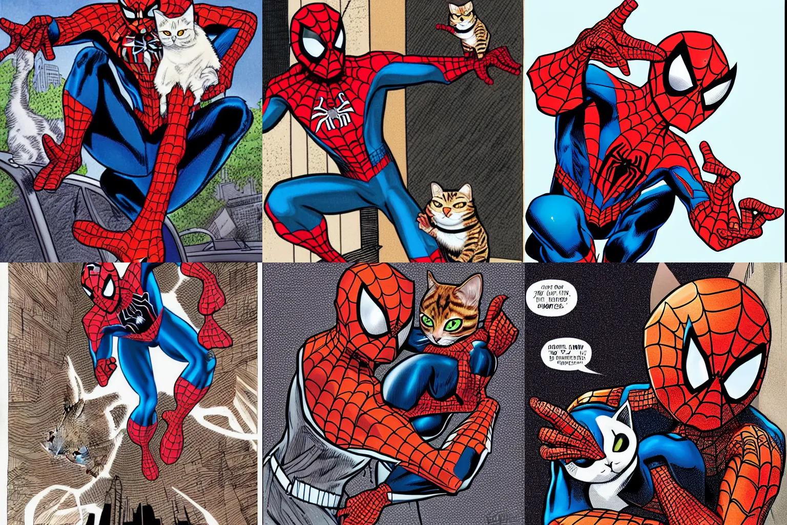 Prompt: Spider-Man holding a ginger cat by Arthur Adams