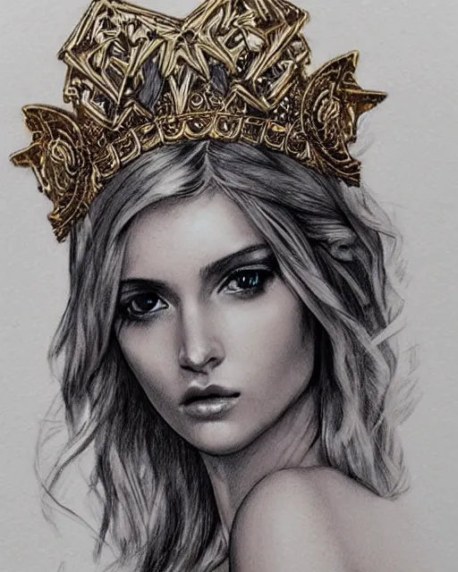 Image similar to tattoo sketch of beautiful super model aphrodite greek goddess wearing a gold laurel wreath and triangle earrings,, beautiful piercing gaze with sharp pupils, beautiful blonde hair, in the style of greg rutkowski, fantasy, amazing detail, epic, elegant, smooth, sharp focus, front view