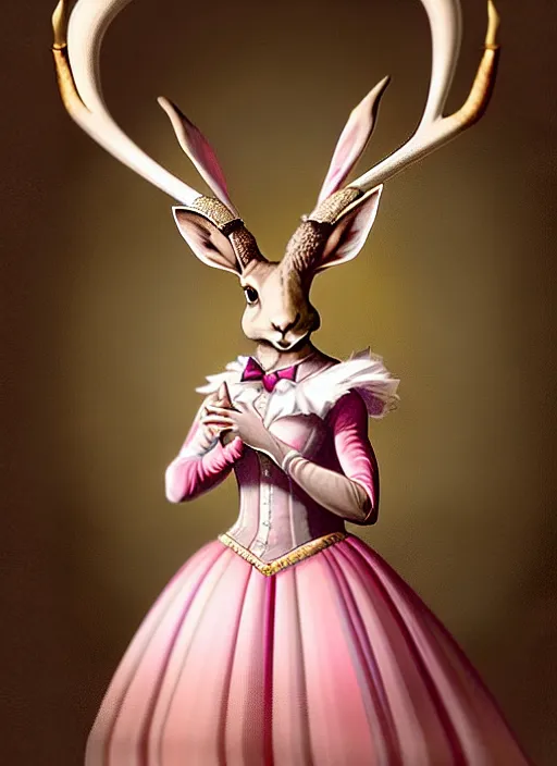 Prompt: a beautiful closeup shot from a fantasy film of a humanoid jackalope wearing a pink ballgown, anthropomorphic jackalope with antlers, full body portrait, joseph ducreux, greg rutkowski.