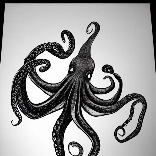 Prompt: full octopus realistic picture digital, black and white drawing. 9 k quality.