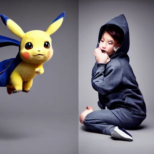 Prompt: model cute detective pikachu wearing hoodie at a model photoshoot studio lighting by annie leibovitz