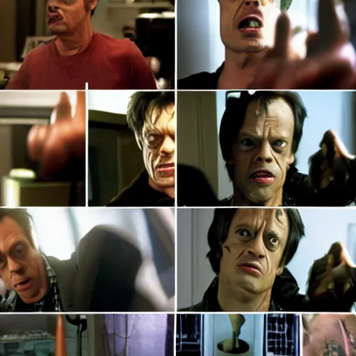 Image similar to steve buscemi as bruce banner turning into the hulk, multiple transformation phases, film still from a movie directed by wachowskis