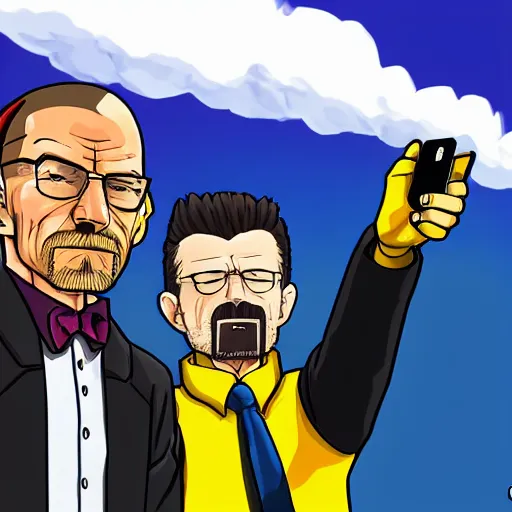 Image similar to walter white doing a selfie with phoenix wright, realistic, cool, nice, beautiful