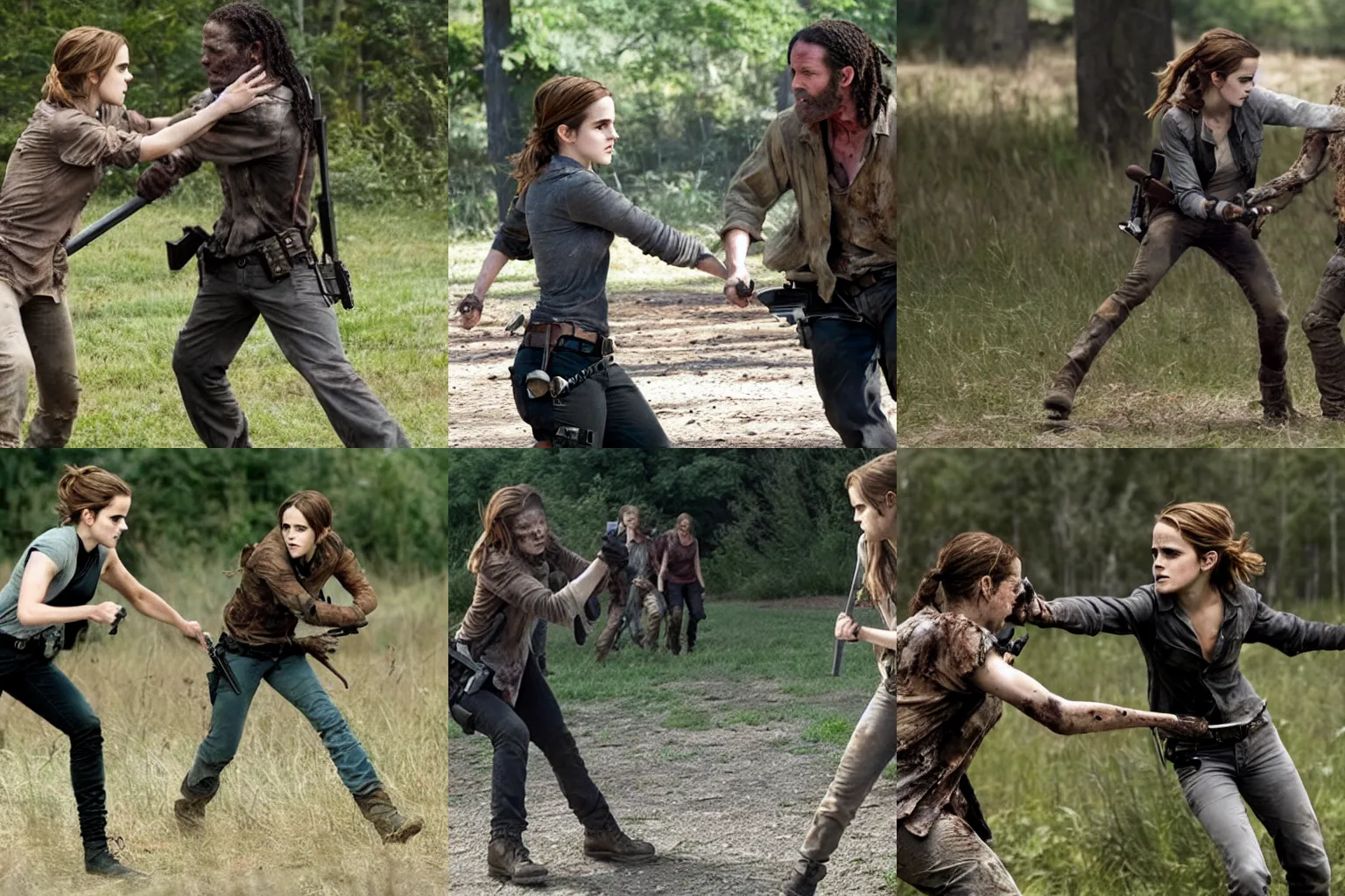 Prompt: Still of Emma Watson fighting a walker in Walking Dead