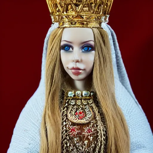 Image similar to photo of a beautiful nordic queen with ornate crown and cloak, 35mm