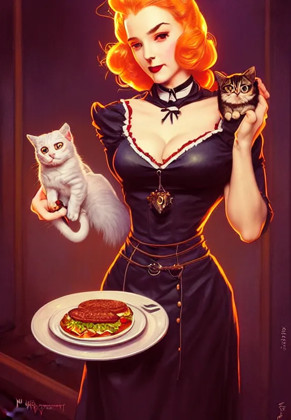 Image similar to Necromancer waitress of a small 50’s style diner holding a cat, fantasy magic, dark pin-up style hair, dark light night, intricate, elegant, sharp focus, illustration, highly detailed, digital painting, concept art, matte, art by WLOP and Artgerm and Greg Rutkowski and Alphonse Mucha, masterpiece