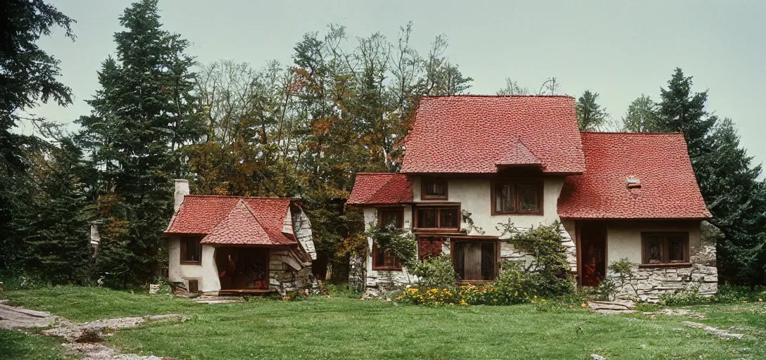 Image similar to house in carpathian vernacular style. outdoor landscaping designed by frederick law olmsted. fujinon premista 1 9 - 4 5 mm t 2. 9. portra 8 0 0.