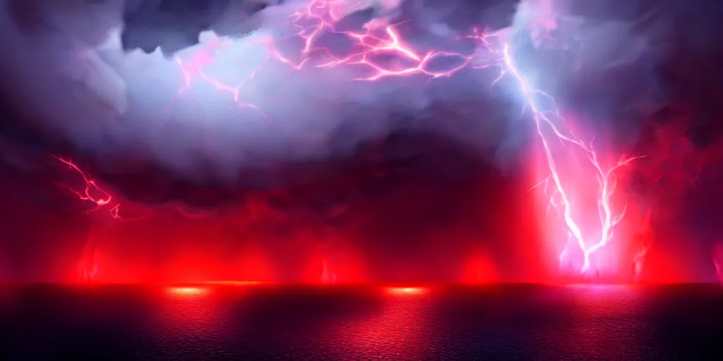 Prompt: painting of sinking ships surrounded by a massive storm with red aura. immaculate scale, hyper-realistic, Unreal Engine, Octane Render, digital art, trending on Artstation, 8k, detailed, atmospheric, immaculate