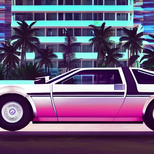 Prompt: miami beach sunset vapor wave palm trees 80s synth retrowave delorean close up ultra detail contrast specular metal car door details realistic render parts chrome