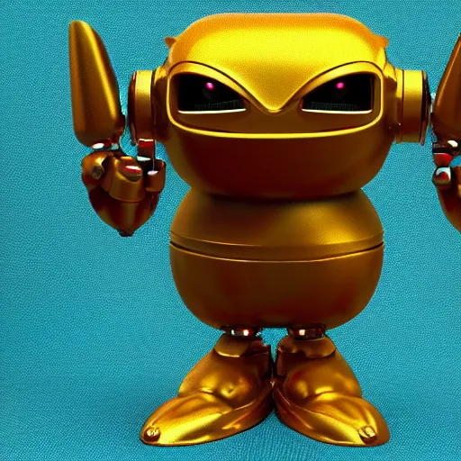 Prompt: a small chubby bot, colourful, smooth panelling, one large gold eye intricate detail, style of pokemon, with damaged rusty arms, broken antenna, recycled, floating, white studio, oil, mechanical, cute toy, ambient light, in the style of pixar animation, pokedstudios, blender, octane render, 8 k,