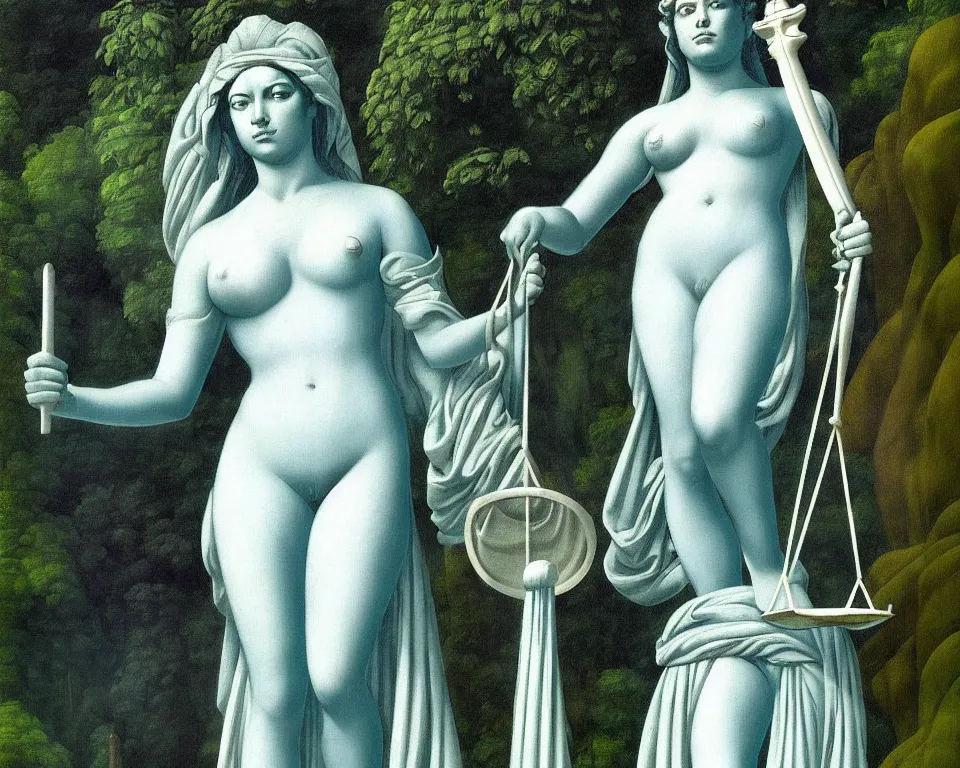 Image similar to achingly beautiful print of lady justice outside a temple in the rainforest by raphael, hopper, and rene magritte. detailed, romantic, enchanting, trending on artstation.