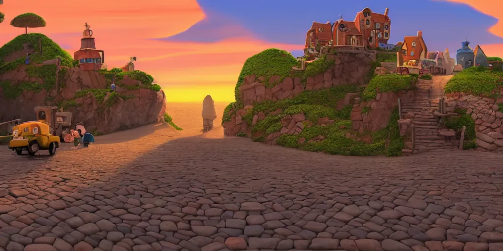 Prompt: epic professional digital art of a lonely cobblestone street with a kiosk on a cliff over the sea at sunset, highly detailed, pixar movie, in the style of toy story, trending at artstation