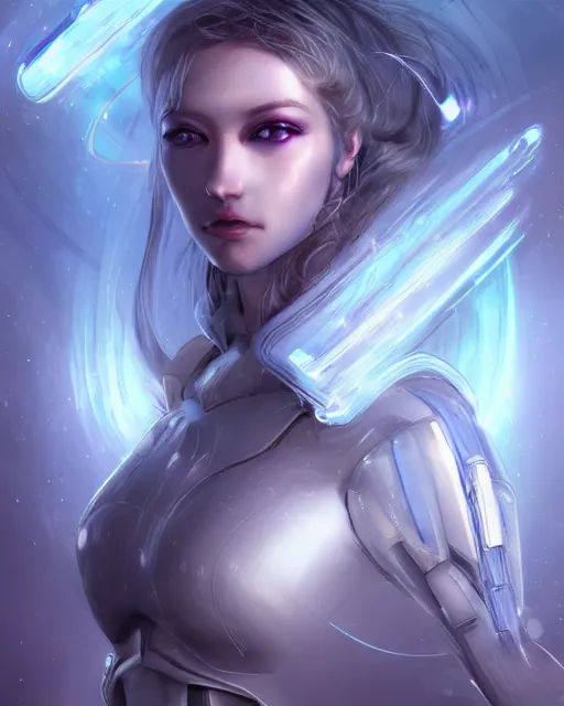 Image similar to beautiful android girl on a mothership, warframe armor, pretty face, scifi, futuristic, galaxy, raytracing, dreamy, perfect, digital painting, long white hair, blue cyborg eyes, sharp focus, intricate, highly detailed, artstation, intricate, innocent, art by gauthier leblanc, kazuya takahashi, huifeng huang