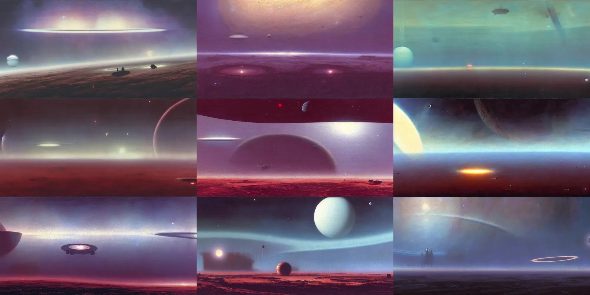 Prompt: a gorgeous bleak and desolate sci - fi painting by john harris. beyond the horizon, three is huge saturn ring!! the low earth orbit space city under war. ultra clear detailed. 8 k