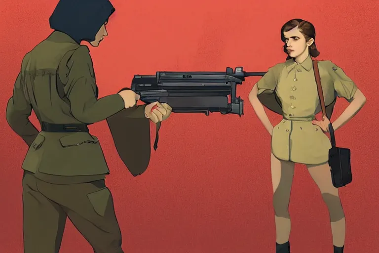 Prompt: communist Propaganda poster Emma Watson in WW2 uniform in the style of disco elysium by moebius and atey ghailan by james gurney by vermeer by George Stubbs full body full body full body full body trending on artstation vector art vector art vector art vector art inspirational