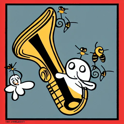 Image similar to saxophone with bees flying out of it and honey cartoon