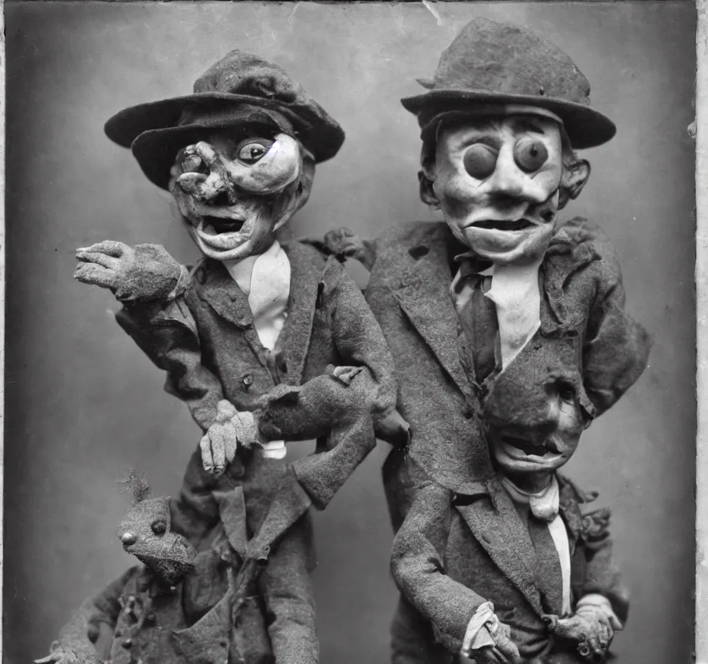 Image similar to a ventriloquist figure wearing a funny hat, ventriloquist dummy head, smiling, photograph, style of atget, nightmare, concept art, creepy, antique