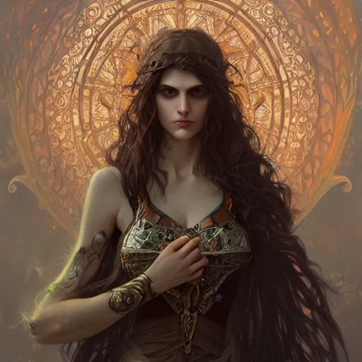 Image similar to beautiful druid witch maiden girl, Alexandra Daddario, intricate, elegant, highly detailed, digital painting, artstation, concept art, smooth, sharp focus, illustration, art by artgerm and greg rutkowski and alphonse mucha