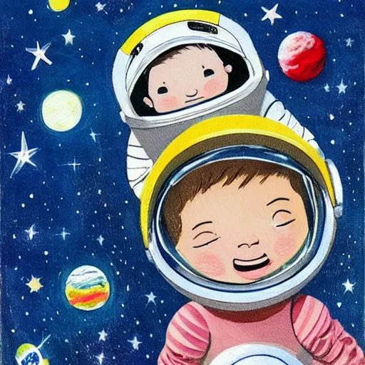 Prompt: a cute little girl with a round cherubic face, blue eyes, and short wavy light brown hair smiles as she floats in space with stars all around her. she is an astronaut, wearing a space suit. beautiful painting with highly detailed face by quentin blake and maurice sendak and greg rutkowski