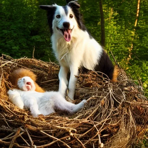 Image similar to a border collie protecting both a human baby and a fledgling who are both in a nest in a forest, beautiful, golden hour, impressionist