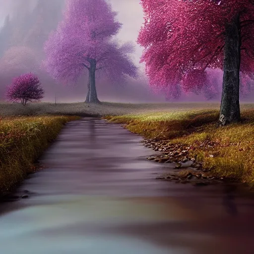 Image similar to michal karcz grunge painting of a beautiful landscape. , purple trees, detailed, elegant, intricate, 4k,