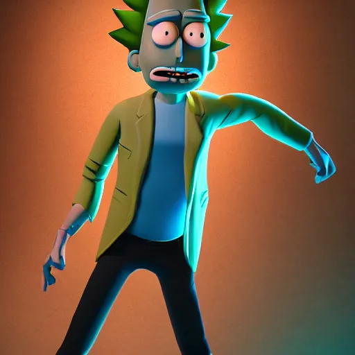 Image similar to full body pose, hyperrealistic photograph of rick sanchez from rick and morty, dim volumetric lighting, 8 k, octane beautifully detailed render, extremely hyper detailed, intricate, epic composition, cinematic lighting, masterpiece, trending on artstation, very very detailed, stunning, hdr, smooth, sharp focus, high resolution, award, winning photo, dslr, 5 0 mm