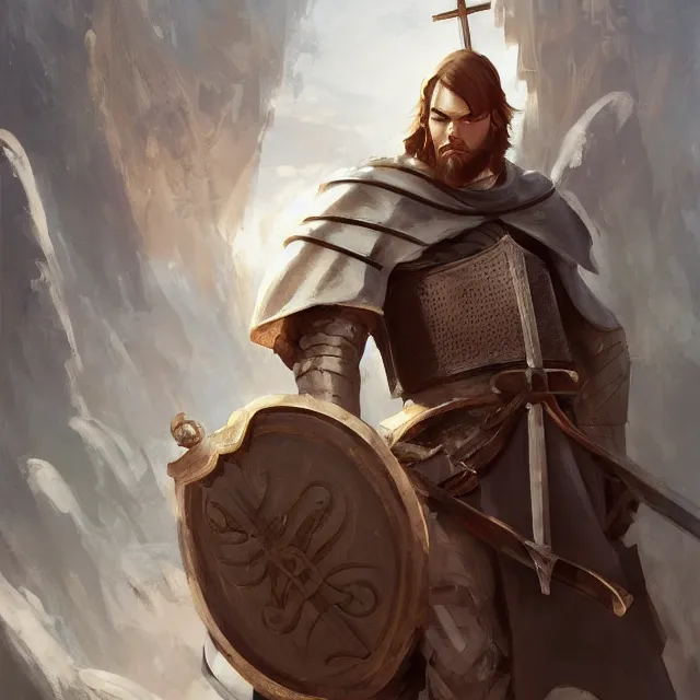 Prompt: christof romuald is a renowned brujah and a former crusader knight, lon - hair, crusader, crusader kings 3, beautiful young man, brown hair, brown eyes, without beard, without mustache, by stanley artgerm lau, wlop, rossdraws, frank frazetta, andrei riabovitchev, marc simonetti