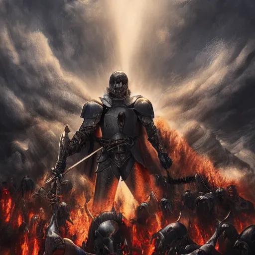 Image similar to cinematic digital art of the last knight from heaven fighting the hordes from hell making this last stand to protect the holy kingdom of heaven as they attack from below